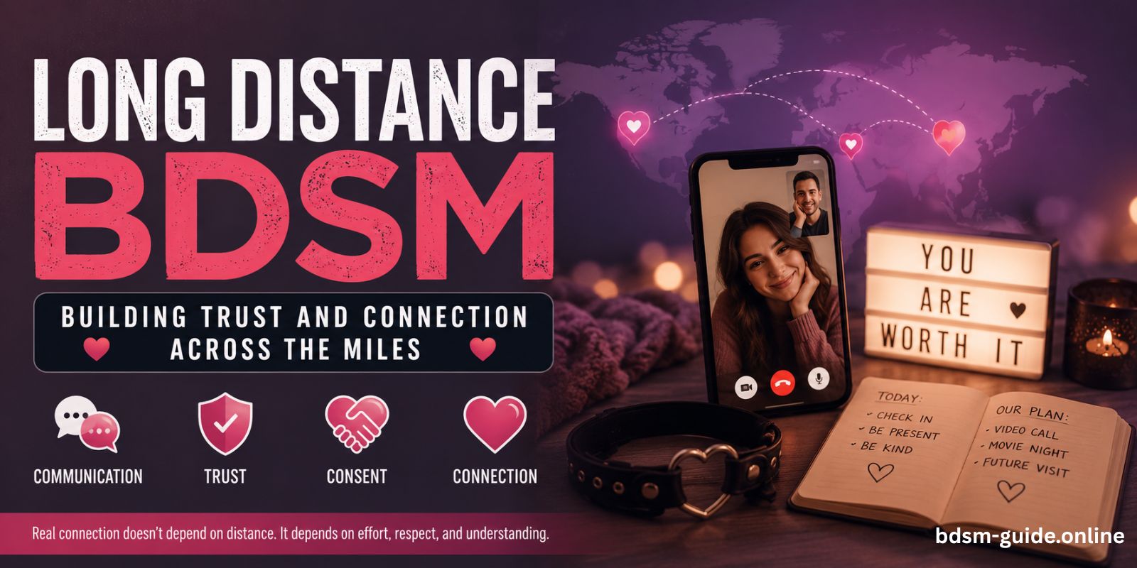 Promotional banner for Long Distance BDSM guide: building trust and connection across miles, with a video call on a phone and supportive icons.